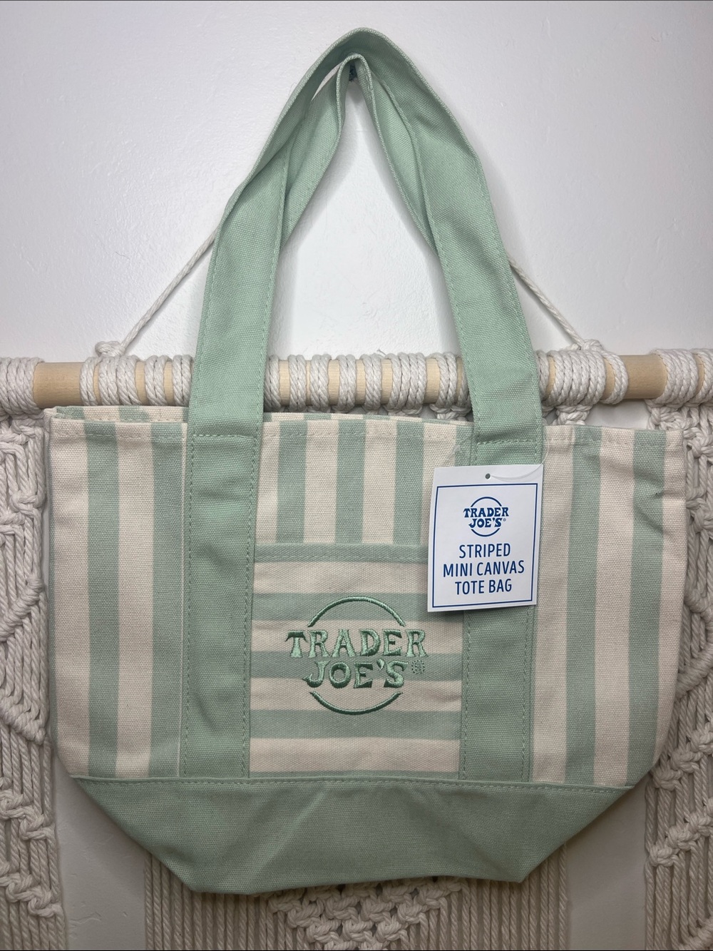 Trader Joe's Mint Green & Cream Striped Canvas Tote Bag